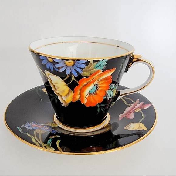 Rare Aynsley Tea Cup & Saucer , Poppies, England, Black With Orange & Yellow Pop - Picture 2 of 5